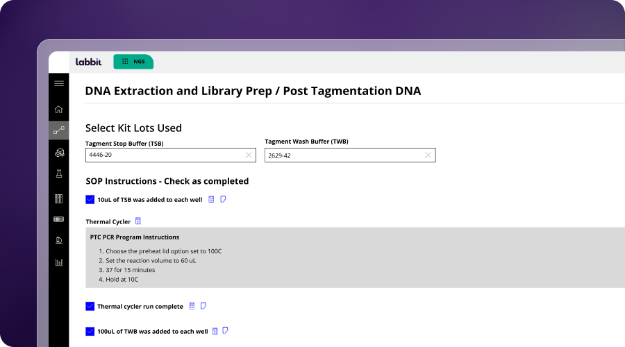 Digital form interface titled DNA Extraction and Library Prep/Post Tagmentation DNA displaying selectable kit lot numbers, SOP checklist with checked steps, and thermal cycler PCR program instructions.